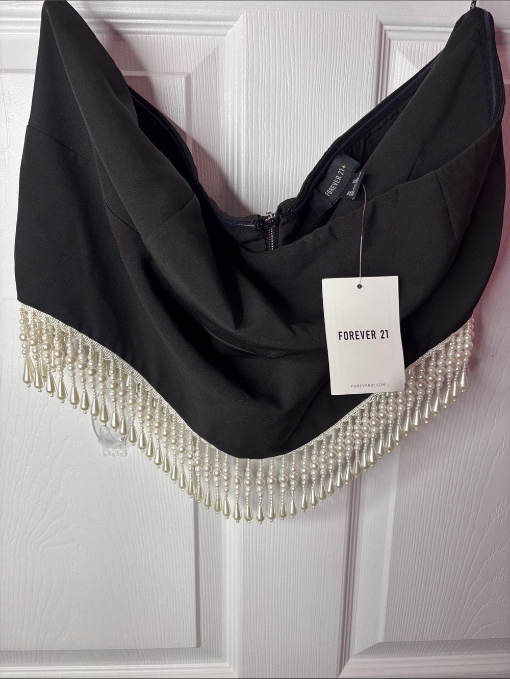 Forever 21 Black Strapless Tube Top Pearl Beaded Fringe V-Hem Statement Top